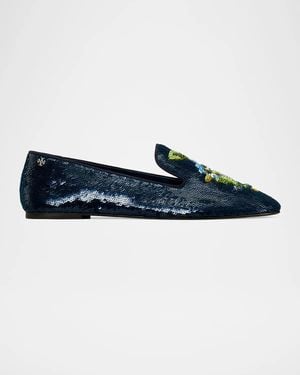 Tory Burch Floral Embellished Smoking Slippers - Blue