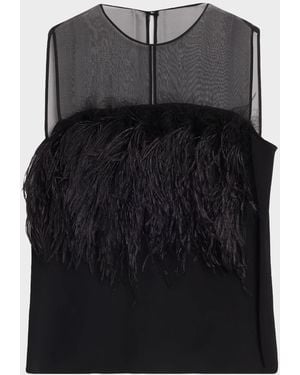 Alberta Ferretti Feather-Trim Sheer Yoke Sleeveless Top - Black