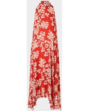 Akris Punto Mock-Neck Papercut Floral Print Viscose Georgette Midi Dress - Red