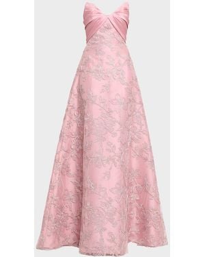 Pamella Roland Embroidered Satin Strapless Gown - Pink