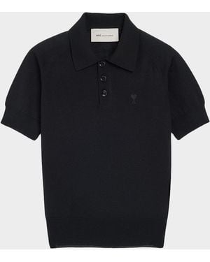 Ami Paris Ami De Coeur Short-Sleeve Wool Polo Top - Black
