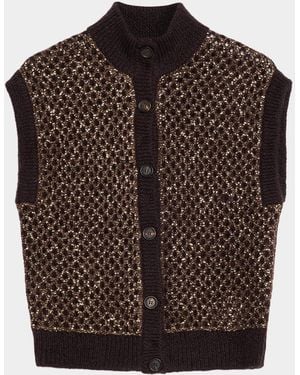 Brunello Cucinelli Flicker Mesh Mohair Diamante Knit Button-Front Vest - Brown