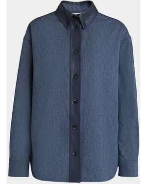 Ferragamo Leather-Trim Cotton Denim Button-Down Shirt - Blue