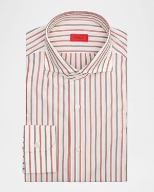 Isaia Cotton Bicolor Stripe Spread-Collar Dress Shirt - Pink