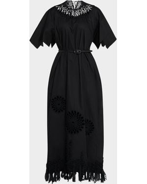 Mantu Embroidered Fringe-Hem Cotton Maxi Dress - Black
