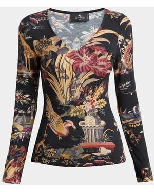 Etro Floral-Print Long-Sleeve Jersey Top - Black