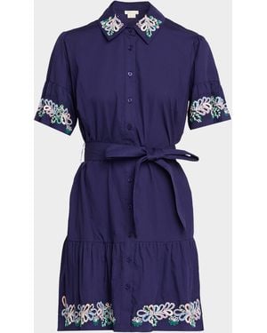 Shoshanna Lima Embroidered Flounce Cotton Mini Dress - Blue