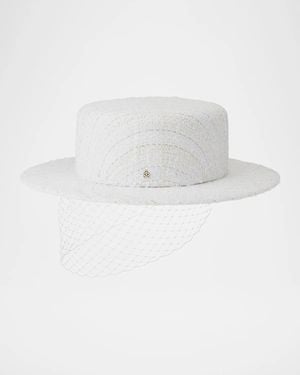 Maison Michel Kiki Tweed Boater Hat With Veil - White