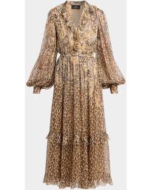 Etro Metallic Paisley Leopard-Print Silk Midi Dress - Natural