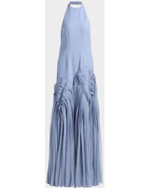 AMUR Elani Pleated Halterneck Gown - Blue