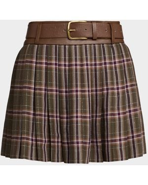Ramy Brook Derrick Pleated Plaid Belted Mini Skirt - Brown
