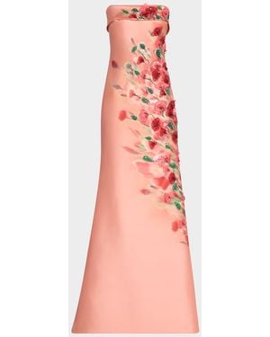 Badgley Mischka Strapless Embellished Floral-Print Gown - Pink