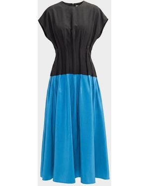 LOVEBIRDS Azure Pleated Colorblock Silk Midi Dress - Blue