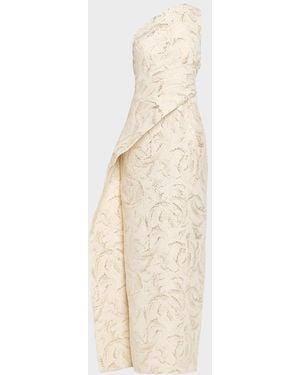 Teri Jon One-Shoulder Metallic Jacquard Column Gown - Natural
