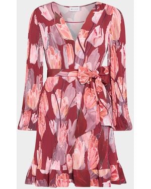 MILLY Liv Pleated Floral-Print Mini Dress - Red