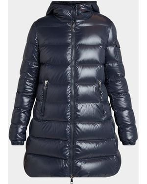Moncler Courcelles Long Hooded Down Puffer Coat - Blue