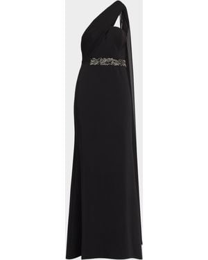 Aidan Mattox Draped One-Shoulder Stretch Crepe Gown - Black