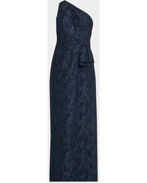 Aidan Mattox One-Shoulder Metallic Jacquard Column Gown - Blue