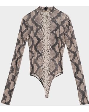 LAPOINTE Snakeskin-Print Mesh Mock-Neck Bodysuit - White