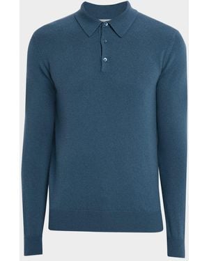 Neiman Marcus Cashmere Long-Sleeve Polo Sweater - Blue