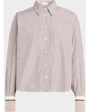 Brunello Cucinelli Striped Cotton Poplin Boxy Button-Down Shirt With Monili Trim - Pink