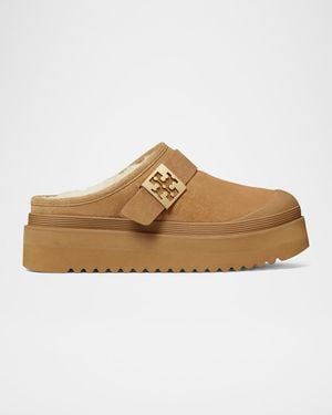 Tory Burch Mellow Suede Shearling Buckle Platform Loafer Mules - Natural