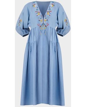 Shoshanna Evora Embroidered Midi Dress - Blue