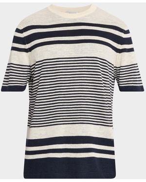 Bugatchi Apos;S Linen And Cotton Knit Multi-Stripe Short-Sleeve Crewneck Sweater - Blue