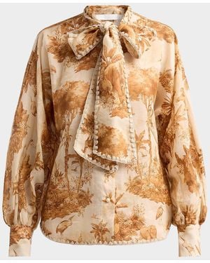 Zimmermann Indra Printed Tieneck Blouse - Brown