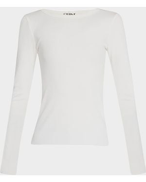 ÉTERNE Long-Sleeve Fitted Crewneck Top - White