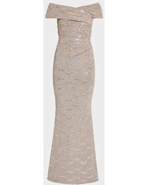 Talbot Runhof Crisscross Off-The-Shoulder Shimmering Jersey Gown - White