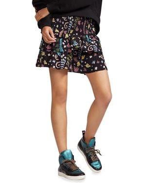 Cynthia Rowley Smocked-Waist Printed Ruffle Mini Skirt - Black