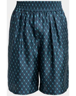 Balmain Apos;S Grid Print Silk Pleated Pull-On Shorts - Blue