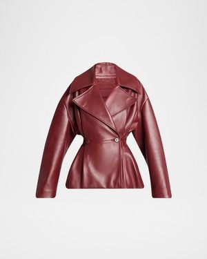 Balenciaga Pleated Leather Short Peplum Trench Coat - Red