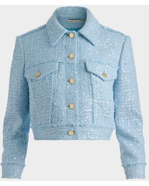 Alice + Olivia Chloe Sequined Tweed Cropped Jacket - Blue