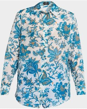 Etro Floral Cotton Silk Button-Front Shirt - Blue