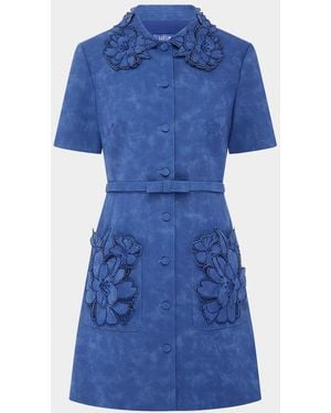 LEO LIN Ashley Floral Applique Vegan Suede Mini Shirtdress - Blue