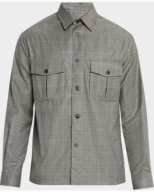 dunhill Wool Check Overshirt With Suede Trim - Gray