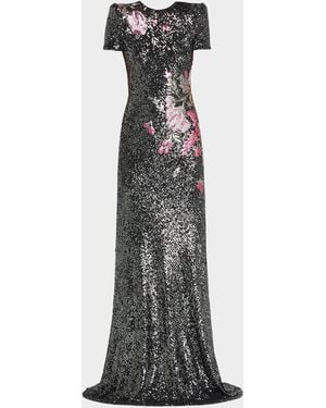 Naeem Khan Floral Applique Stretch Sequin Cap-Sleeve Gown - White