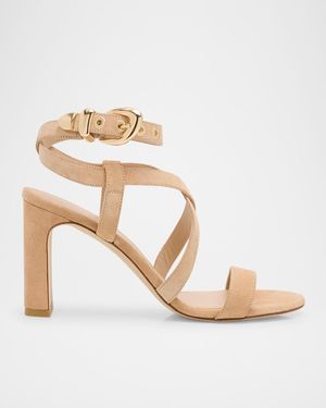 Stuart Weitzman Maven Suede Buckle Block-Heel Sandals - Metallic