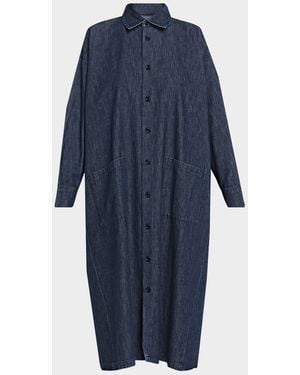 Eskandar Angle To Front Side Seam Shirt Dress With Collar - Blue