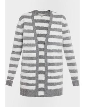 Neiman Marcus Cashmere Striped Open-Front Cardigan - Gray
