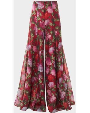 Carolina Herrera Iris Hydrangea-Print Silk Wide-Leg Pants - Red