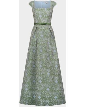 Kay Unger Constance Pleated Ombre Damask Jacquard Gown - Green
