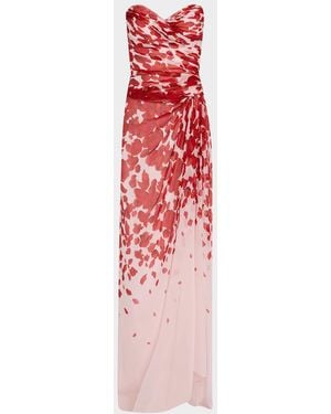 Monique Lhuillier Strapless Draped Chiffon Slit Gown - Red