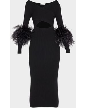 LAPOINTE Criss-cross Cutout Midi Dress W/ Feather Trim - White