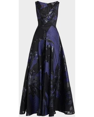Talbot Runhof Monarch Jacquard Sleeveless A-Line Gown - Blue