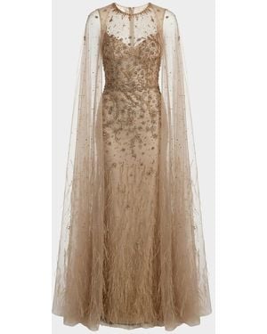Mac Duggal Crystal-Embellished Feather Cape Column Gown - Natural