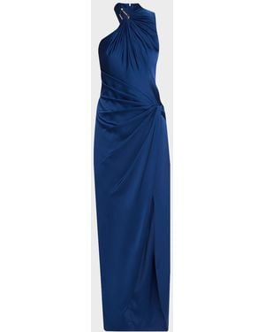 Aidan Mattox Satin Asymmetrical Draped Hardware Halter Gown - Blue