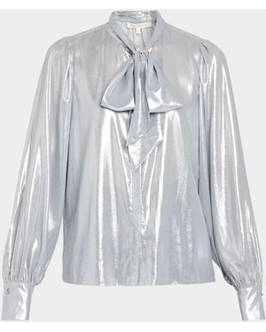 Ramy Brook Noa Metallic Tie-Neck Blouse - Gray